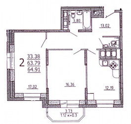 Двухкомнатная квартира 65.2 м²